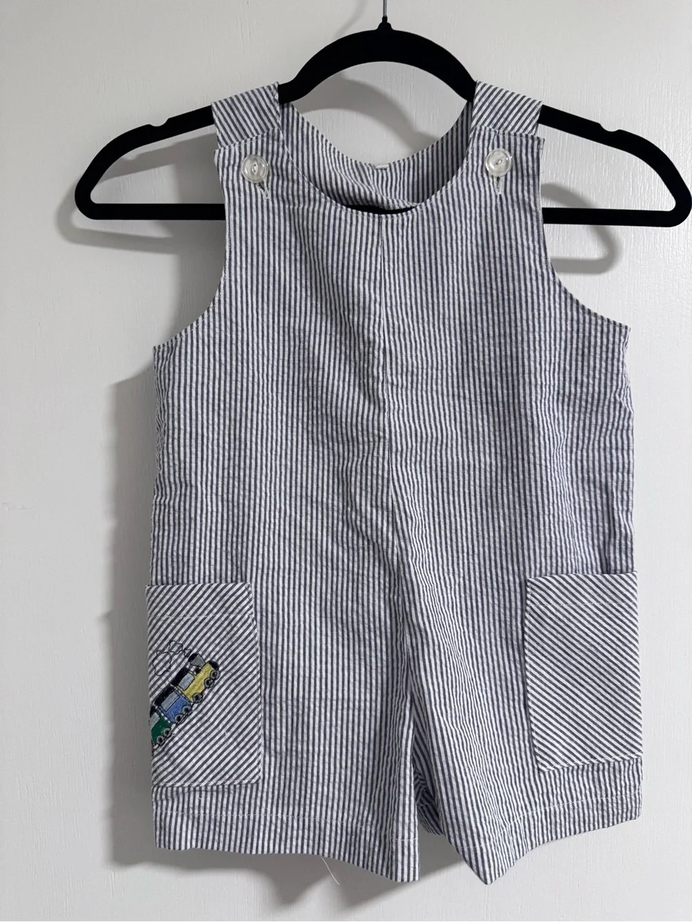Striped Blue & White Kids Romper Vintage Overall Kids Size 3T / 4  1980s train